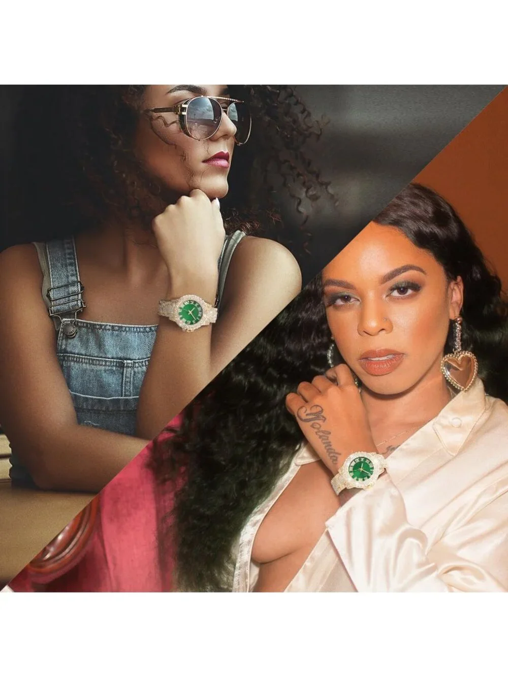 Women's Gold Green Interior Full Diamond Bling Rhinestone Quartz Crystal Watches